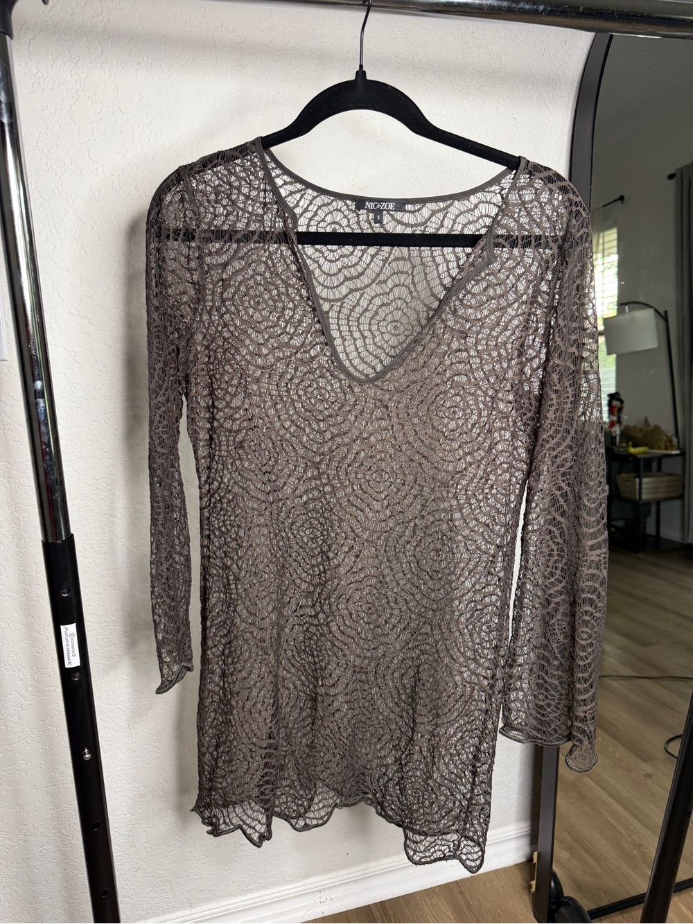 NIC+ZOE Taupe Crochet V-Neck Long Sleeve Dress